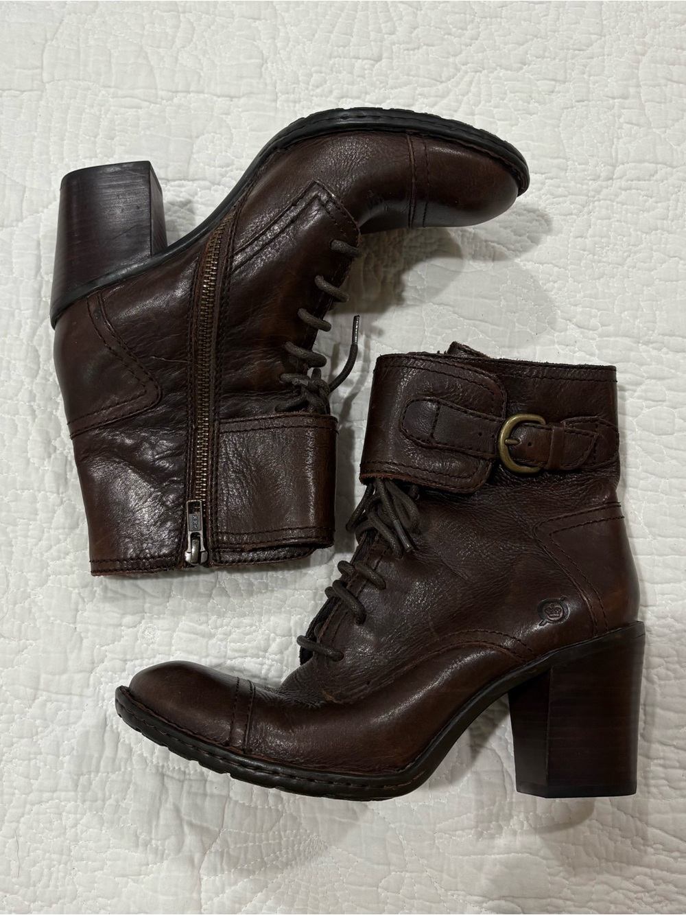 Born Women’s Leather Ankle Boot Size 7/38 Dark Brown Harness Lace Up Heel Bootie